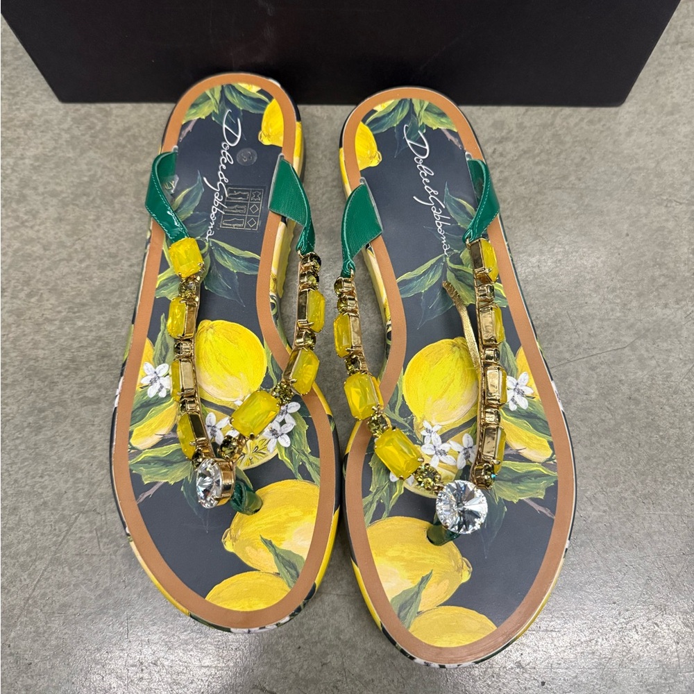 Dolce and Gabbana Lemon Print Jeweled Thong Flip Flop Sandals - Picture 3 of 10